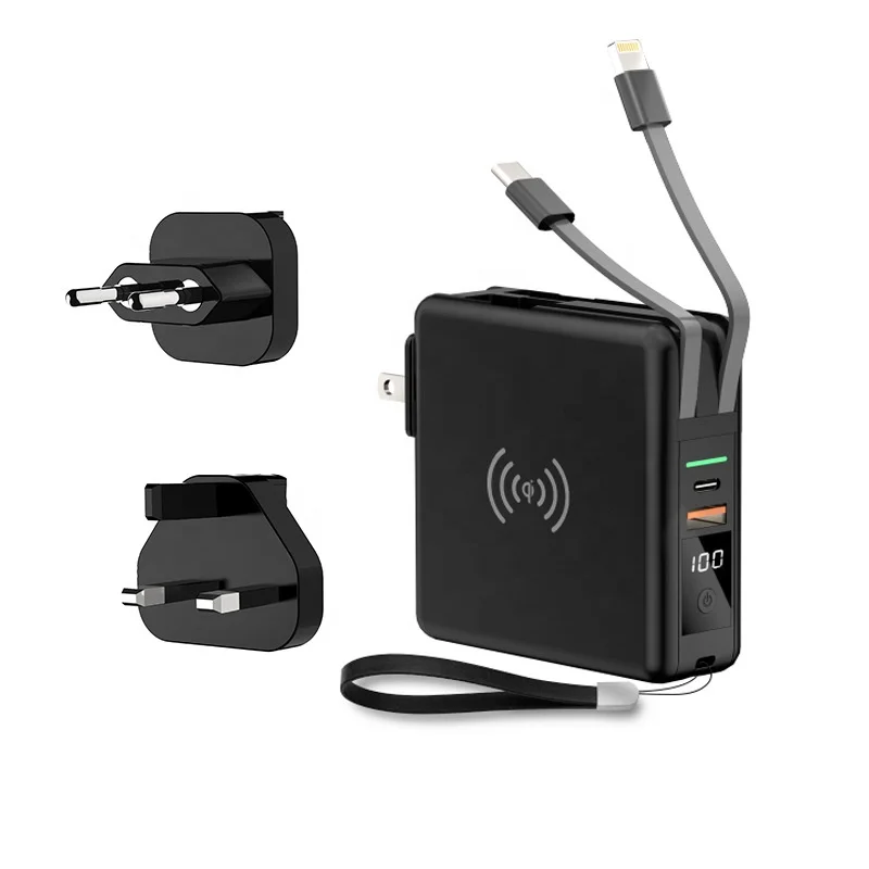 New power bank with wall charger plug super fast charging and built-in charging cable 10000mAH 4 in 1 phone wireless power bank