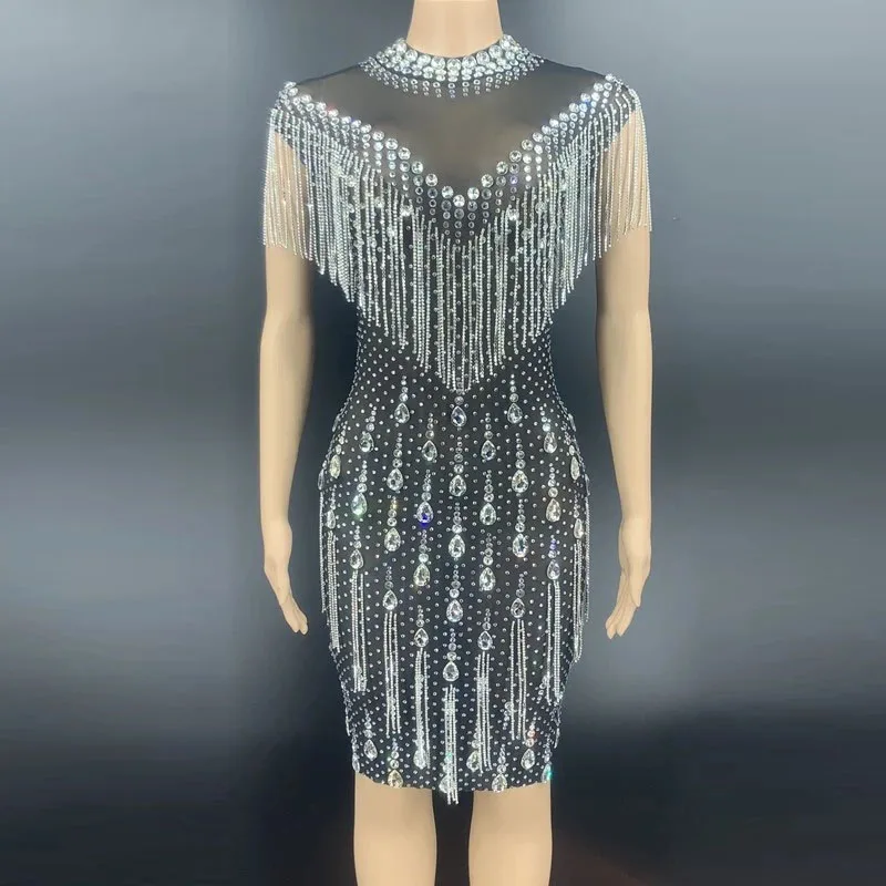 Luxury Evening Dresses party Women Sexy Custom Crystal Stone Tassel Dress See Through Mesh Dance Costumes With Diamond Chain