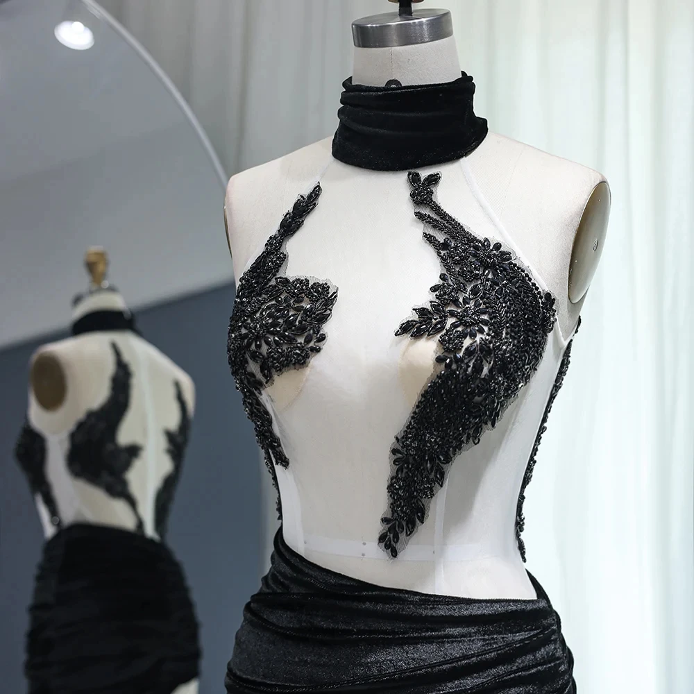 Black Velvet Short Mini Cocktail Dresses 2024 Sexy See Through Black Girls Prom Dress Women Club Night Gowns RM007-2