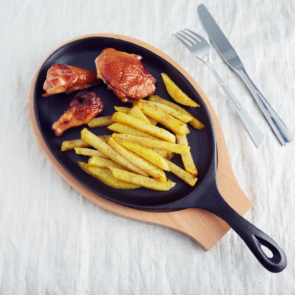 Bright Houseware Wholesale Cookware Non Stick Frying Pan Custom Kitchen Steak Baking Pan Cast Iron Oval Pan with Wooden Base