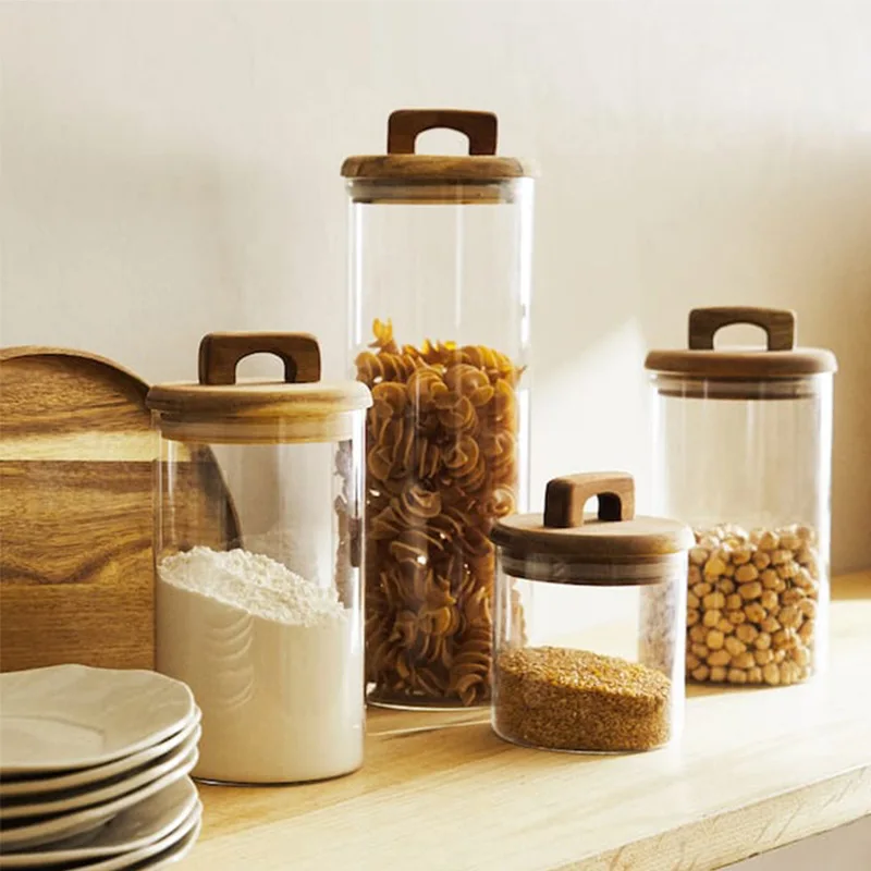 Large Glass Jar with Acacia Wood Lid, 3100ml/ 105 FL OZ Glass Canister set with Cover and Handle, Tall Glass Food Storage Jars