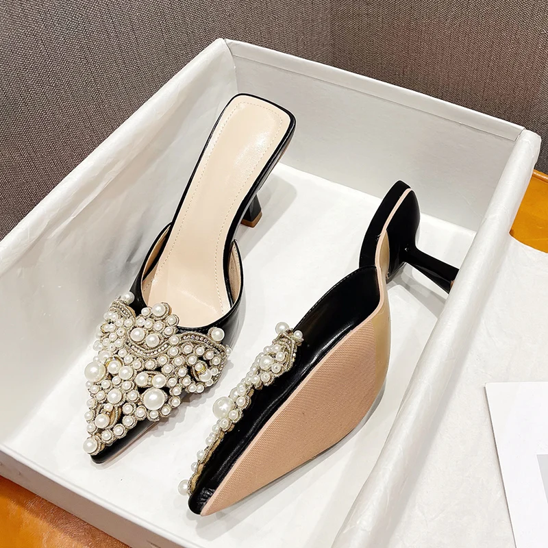Sexy Pointed Toe Heels Pearl Slippers Mules 2022 Summer Thin Heel Baotou Sweet Wind Muller Slip-On Pumps 35-41 Female Shoes