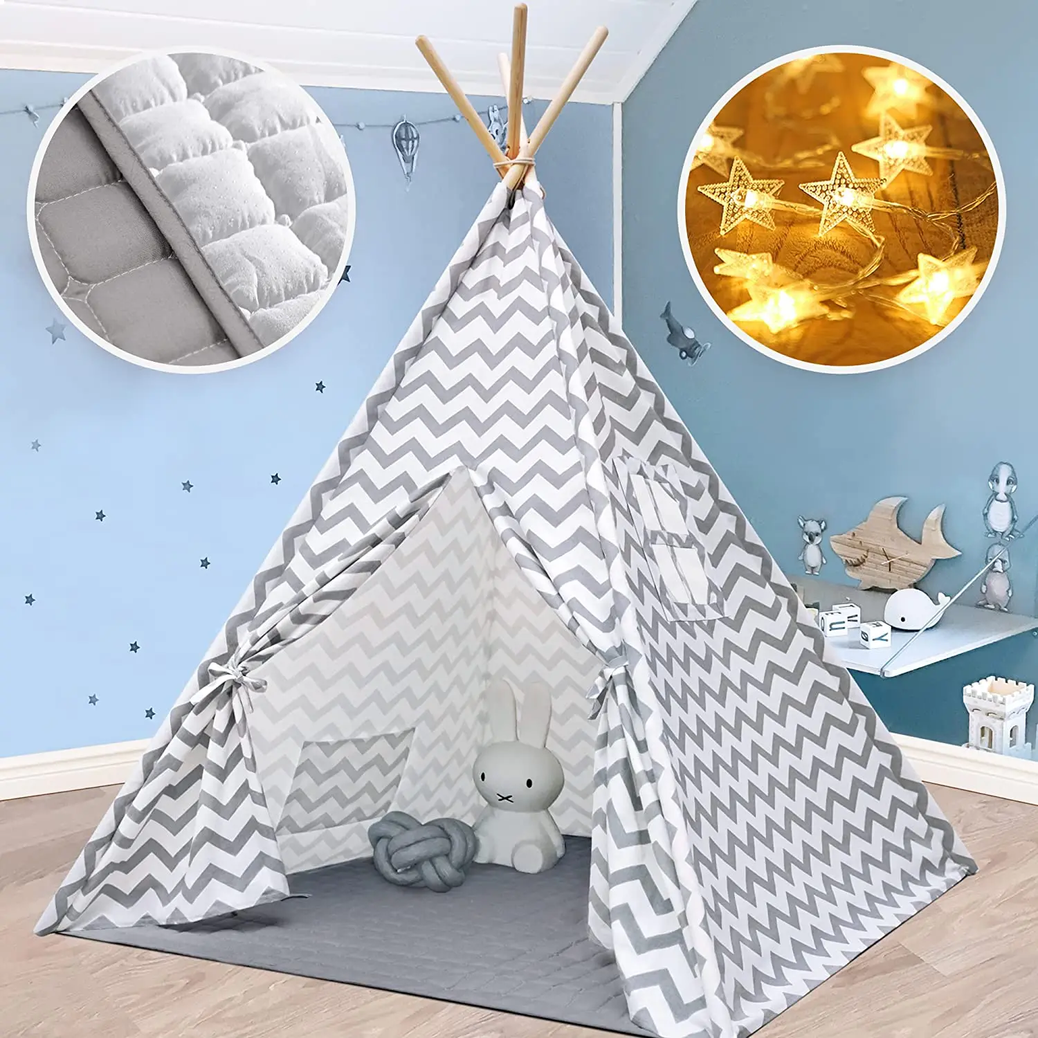 Grey Canvas Tepee Tent with Mat & Light String, Kids Foldable Play Tent for Indoor Outdoor Portable Playhouse