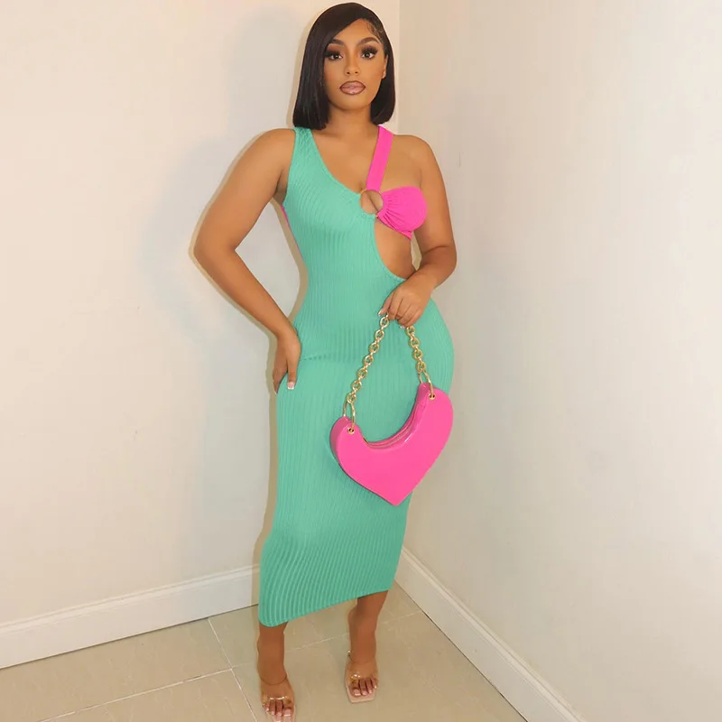 2022 Spring wholesale women clothing contrast color patchwork casual ribbed hollow out maxi dress