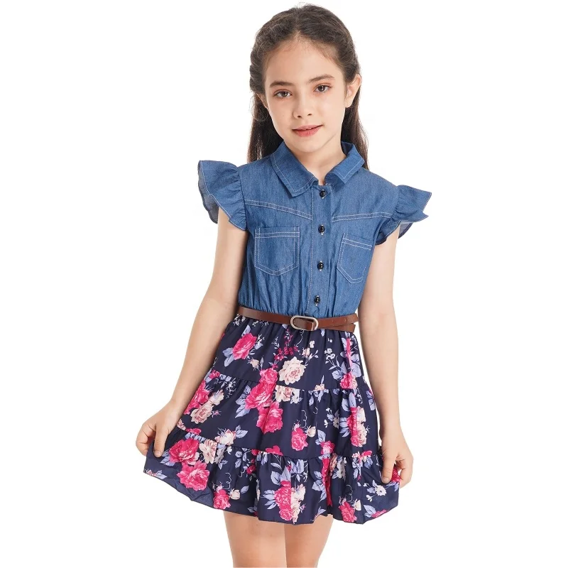 2-14 13 Year Old Casual Kids Dress Designs Korean Denim Child Summer Floral Print Toddler Girls Dresses