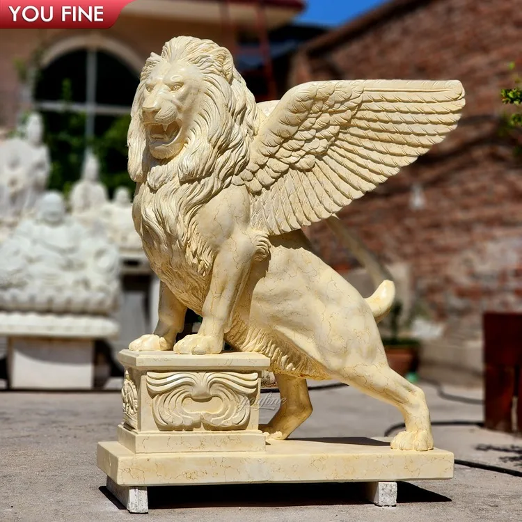 Outdoor Decor Beige Natural Marble Lion Wings Sculpture