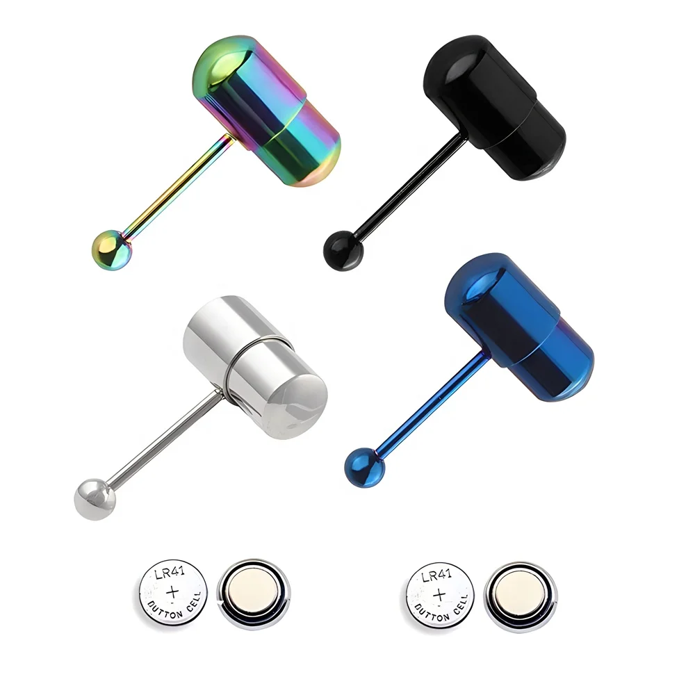 316L Stainless Steel Body Piercing Shock Massage Tongue Barbell Vibrating Tongue Ring With  Battery