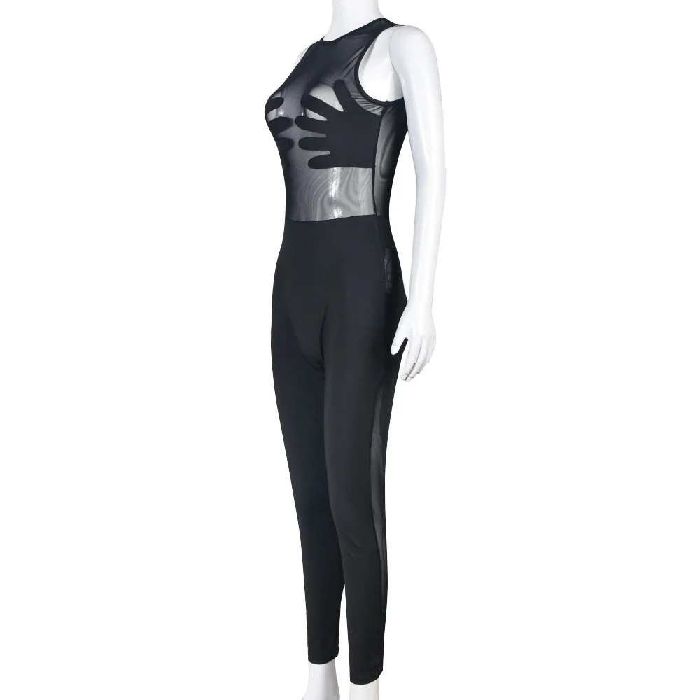 2023 New Arrivals Sleeveless Sexy Hollow Out Pattern Palm Rompers See-through Mesh  Bodysuit For Women One Piece Tight Jumpsuits