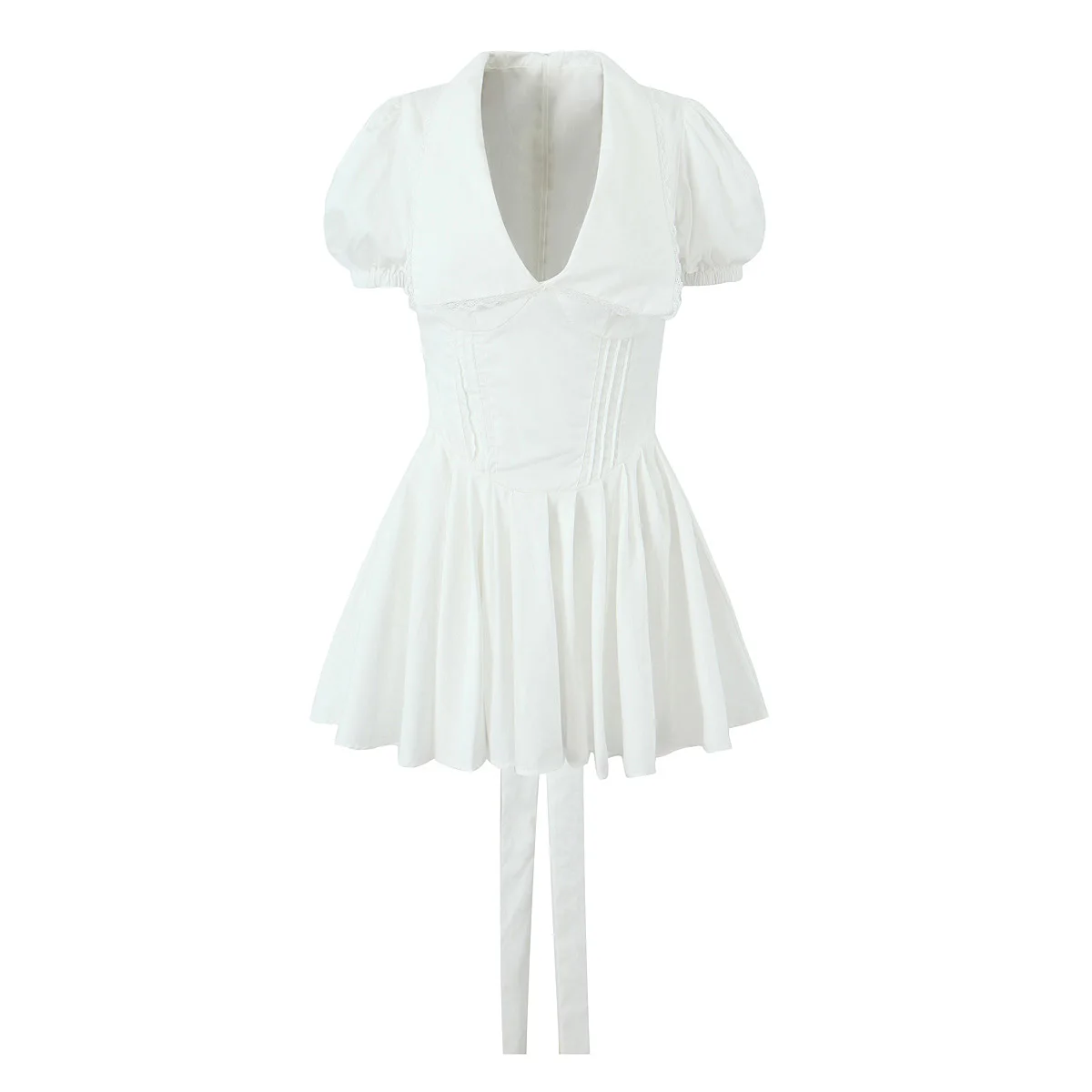 White color peter pan collar short sleeve back bow tie casual fashion women mini dress