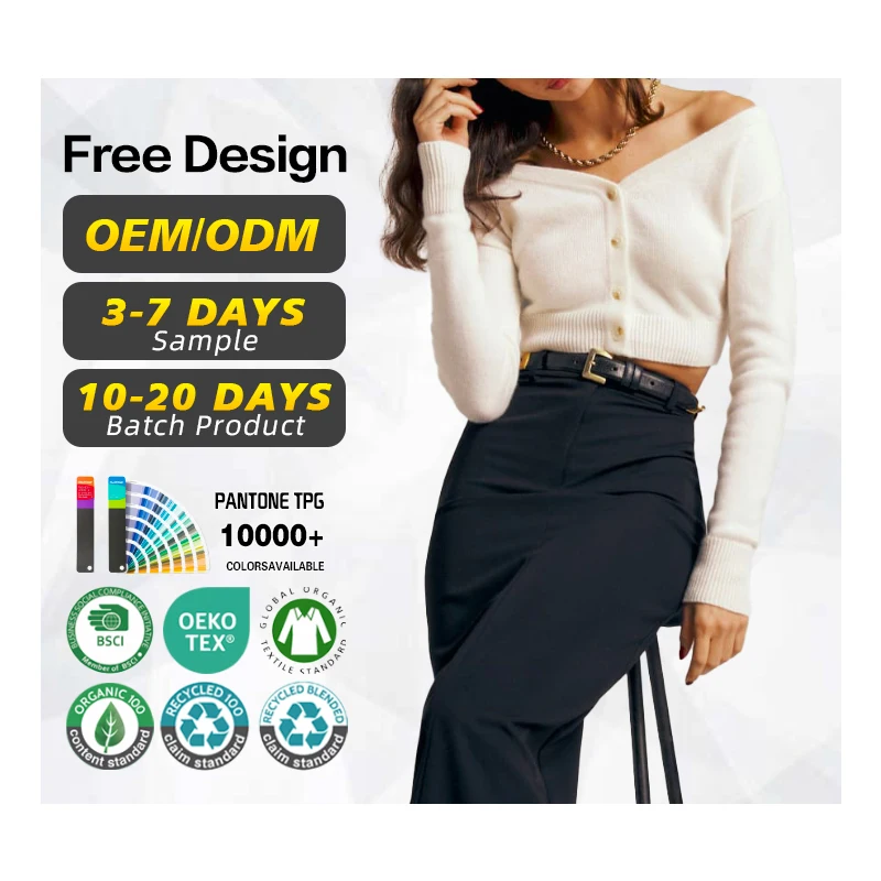 Cardigan Manufacturers Custom Elegant Cashmere Cropped Cardigan Sweater Off The Shoulder Elegant Ribbed Women Cashmere Cardigan
