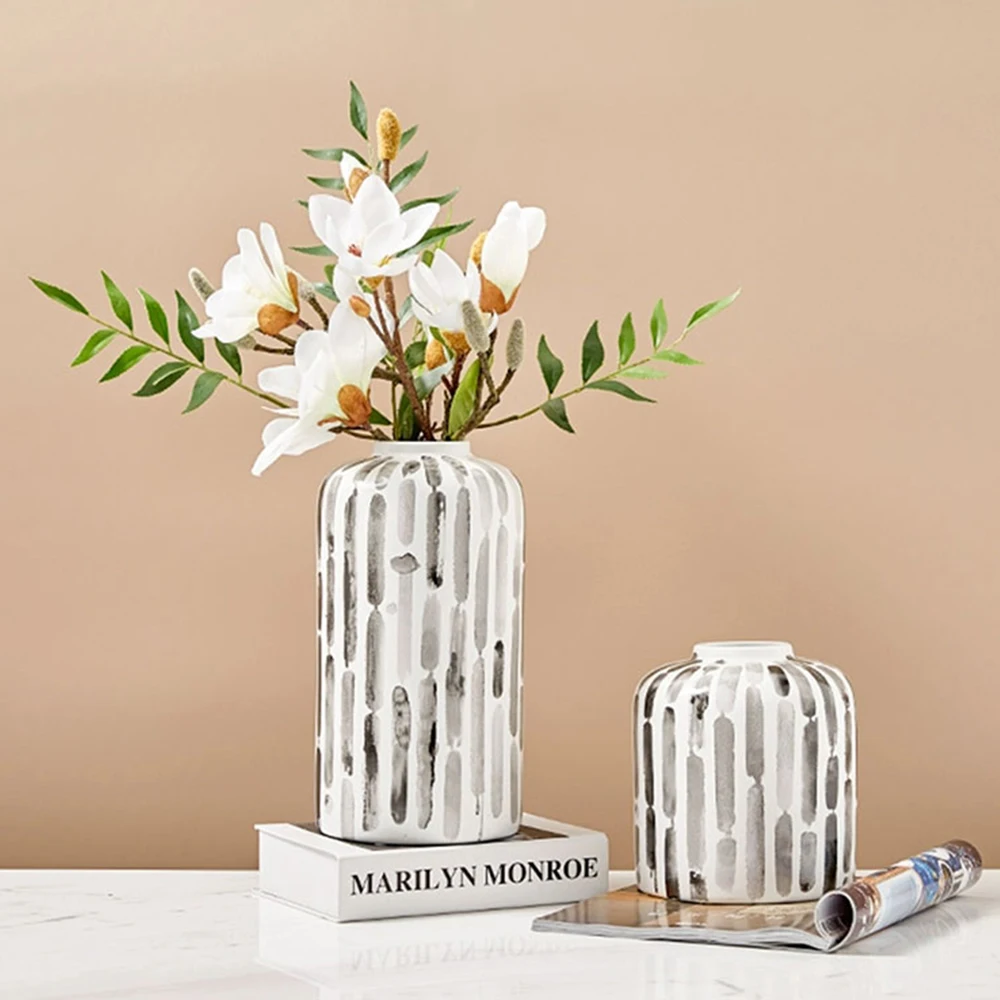 Hot Sale Black Ink Painting Handmade White Tabletop Home Decoration Ceramic Flower Vase