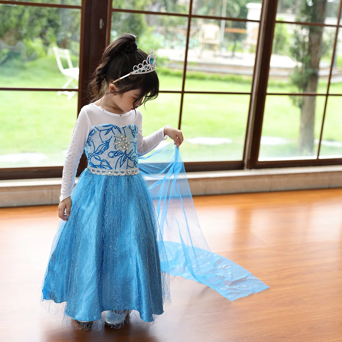 Long Sleeve Elsa Funna Fancy Party Blue Princess Dress Up Anime Costume Cosplay for Girls with Accessories