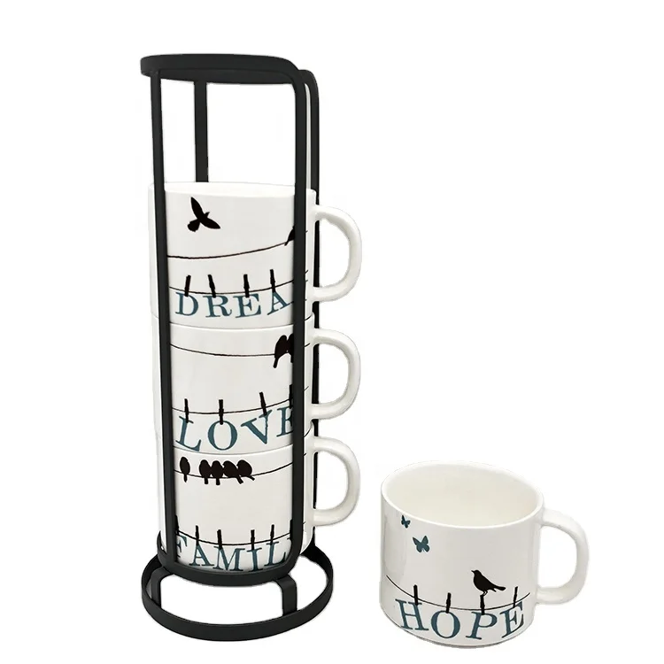 New arrival stackable ceramic coffee mug with rack sublimation stackable mug