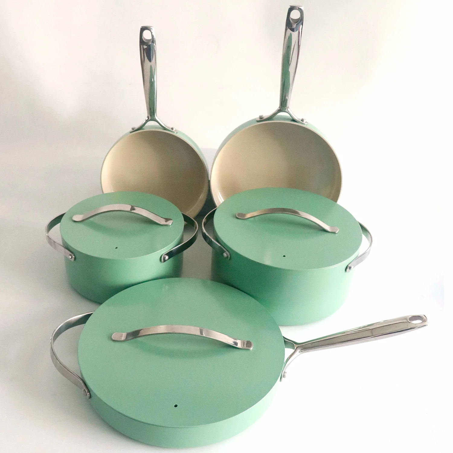 Wholesale Green Color customized Cooking Cookware Milk Pot Stainless Steel Handle Pressed Casserole With Forged Aluminum Cover