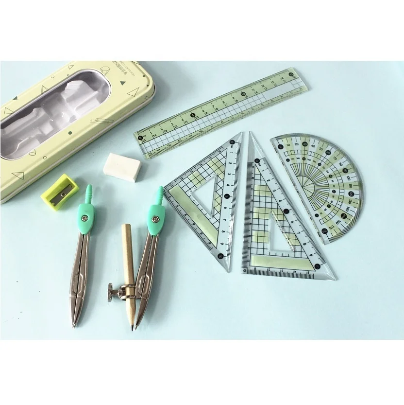 
Green Student tin math set with clean Plastic window Geometry Box Math Sets Compass Divider Instrument Stationery 
