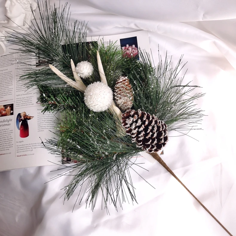 66CM Christmas tree decoration spray artificial pine needle long stem with deer horn Christmas pine needle branch