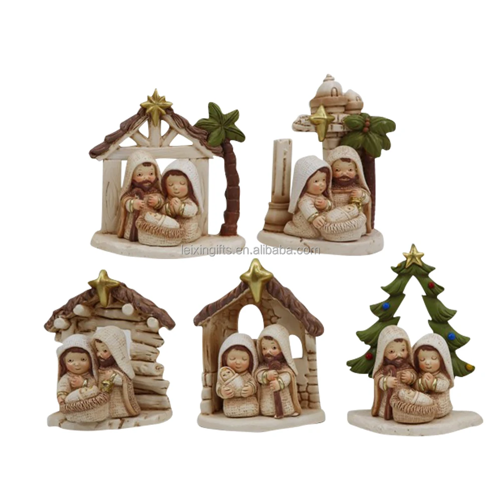 Holy Family Painted Resin Miniature Nativity in Stable Figurine Christmas Nativity Figurine Set with Lambs and cow Figurines