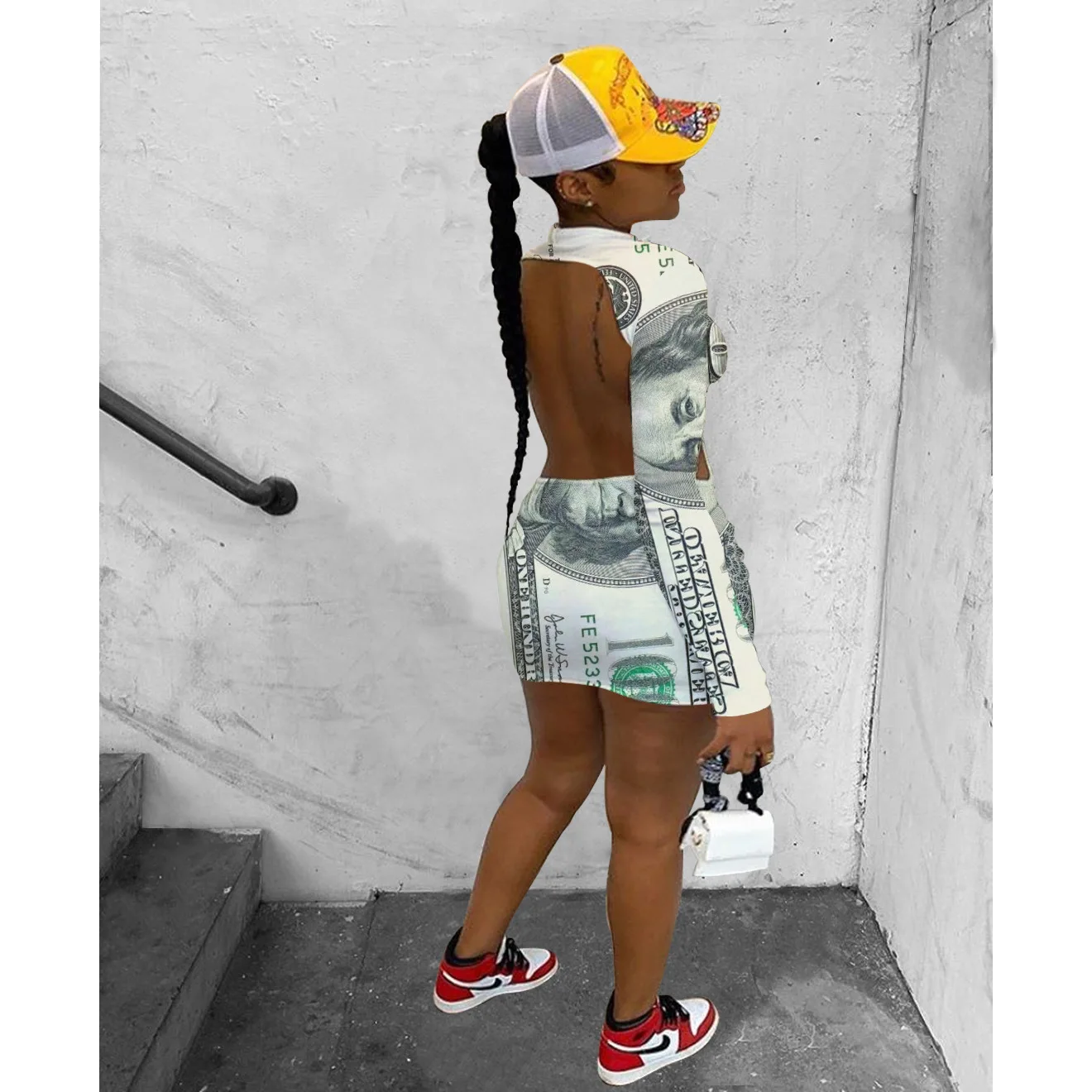 
E21318 New plus size S-2XL casual 2021 other backless banknote print fold woman dresses spring dress 