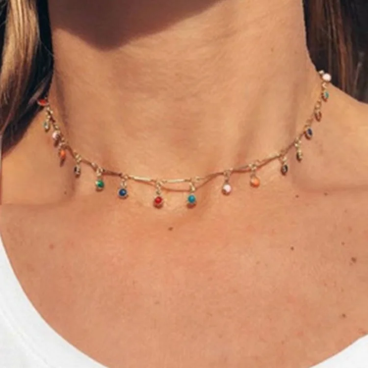 Boho Necklace With Tassel Chain Choker Women Single Layer Candy Color Small Ball Necklace