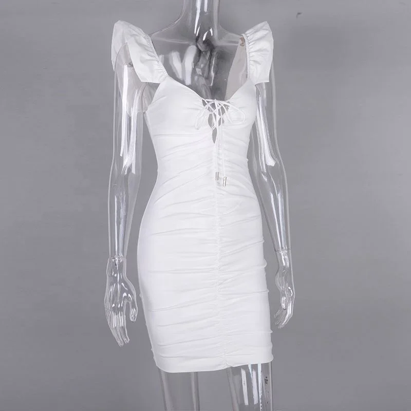 Wholesale 2019 Summer Dress Women Butterfly Sleeve Deep V-neck Cut Out Lace Up Ruched Sexy Dress Mini Elastic Bodycon Dress