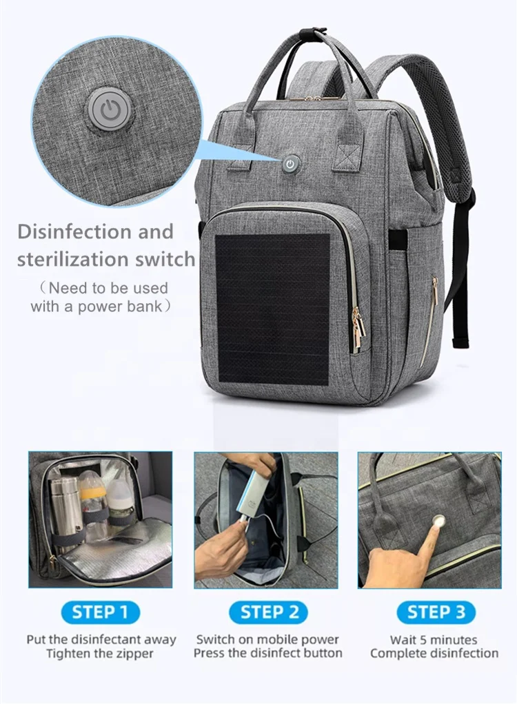 Ozone Disinfection Mommy Travel Nappy Diaper Bags Backpack with Solar Panel USB for Outdoor Travel