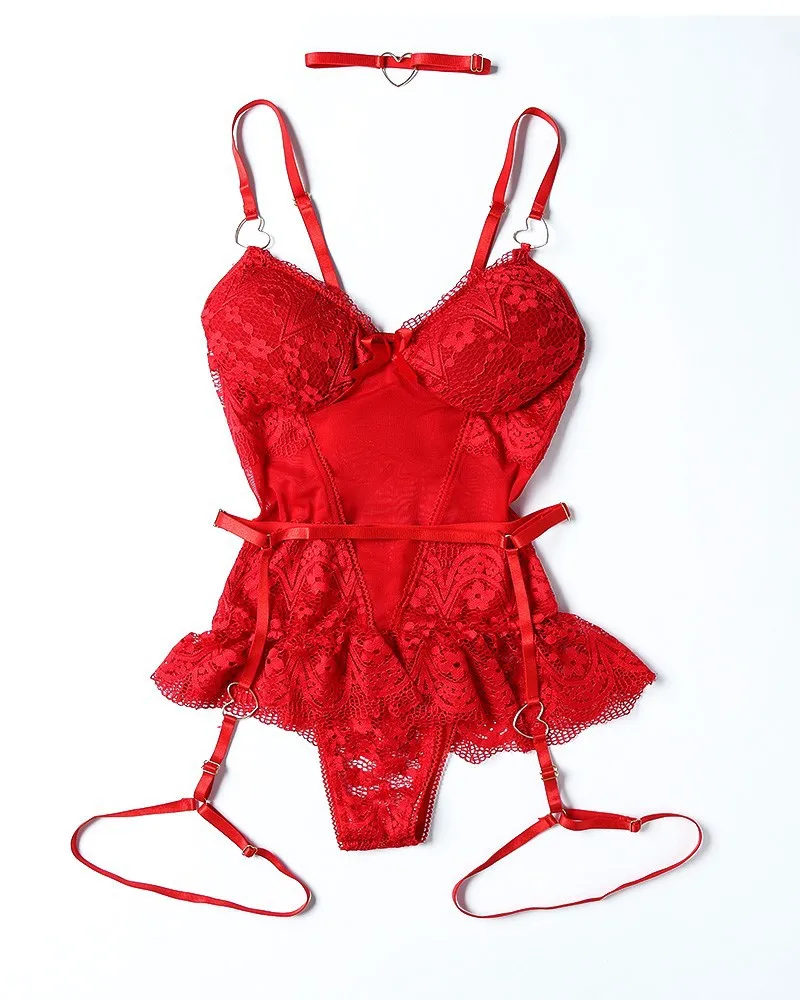 2022 Erotic Corset  Bodysuit With Garters Belt Sexy Lingerie With Bra Pads Women Red Lace Underwear