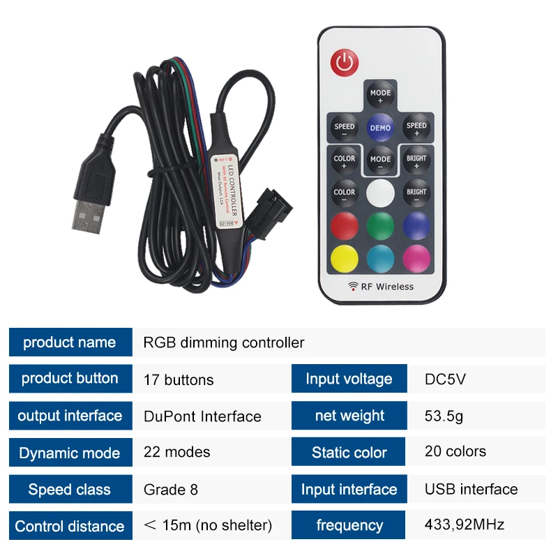 DC5V 12V 24V RGB mini LED dimming Controller 17 keys RF Wireless Remote Control colorful LED Strip Lights dimmer