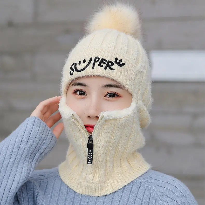 Women Winter Casual Ear Protection Wool Hat Thickened Fleece Warm Cycle Knitted Beanie Hat Sombreros De Invierno