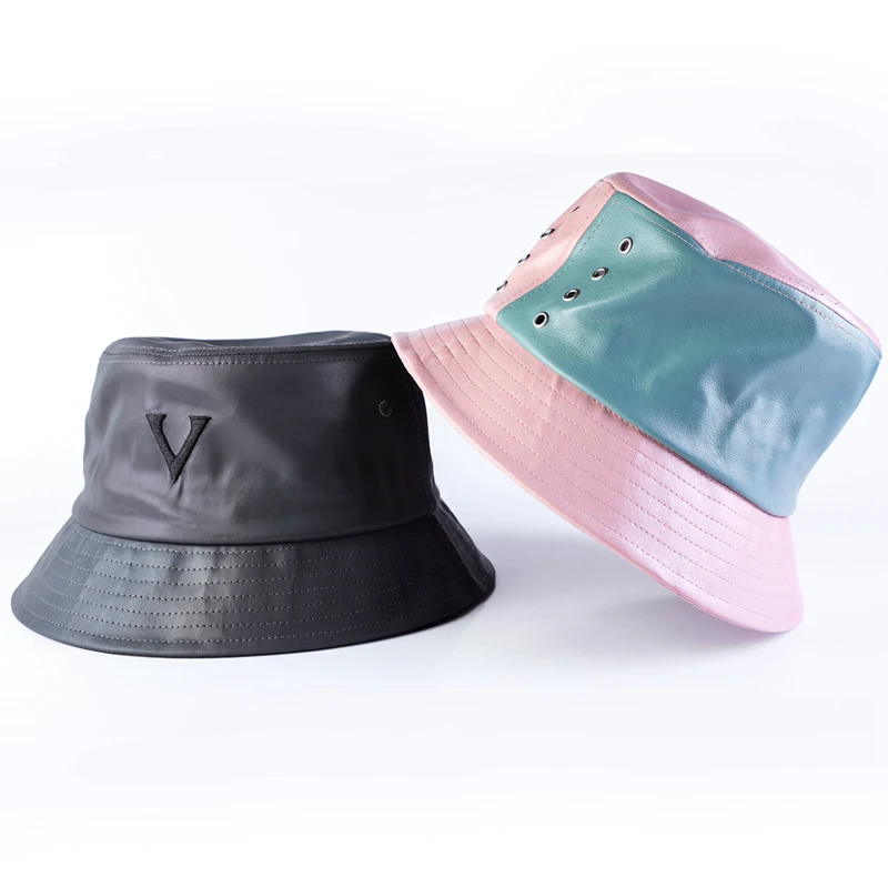 High Quality Outdoor Fashion Women Leather Round Fishing Hat Lady Casual Waterproof PU Leather Bucket Cap Hat