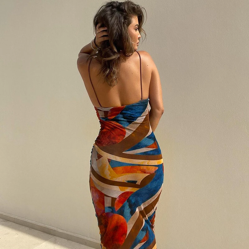 Women Fashion Summer Autumn Sleeveless Printed Bodycon Long Pencil Strap Dress 2021 Fall Wholesale Clothes Streetwear