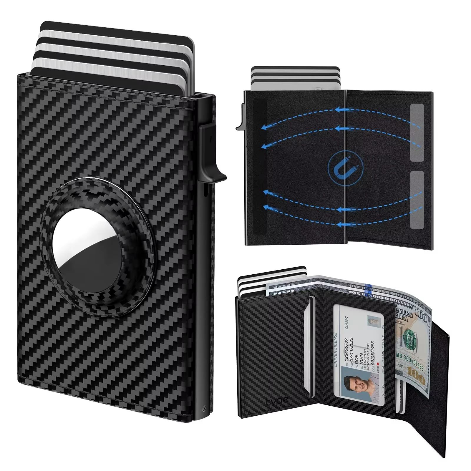New Slim Leather Tri-fold Wallet With Air Tag For Man RFID Blocking Business Pop Up Metal Aluminum Card Holder Wallet