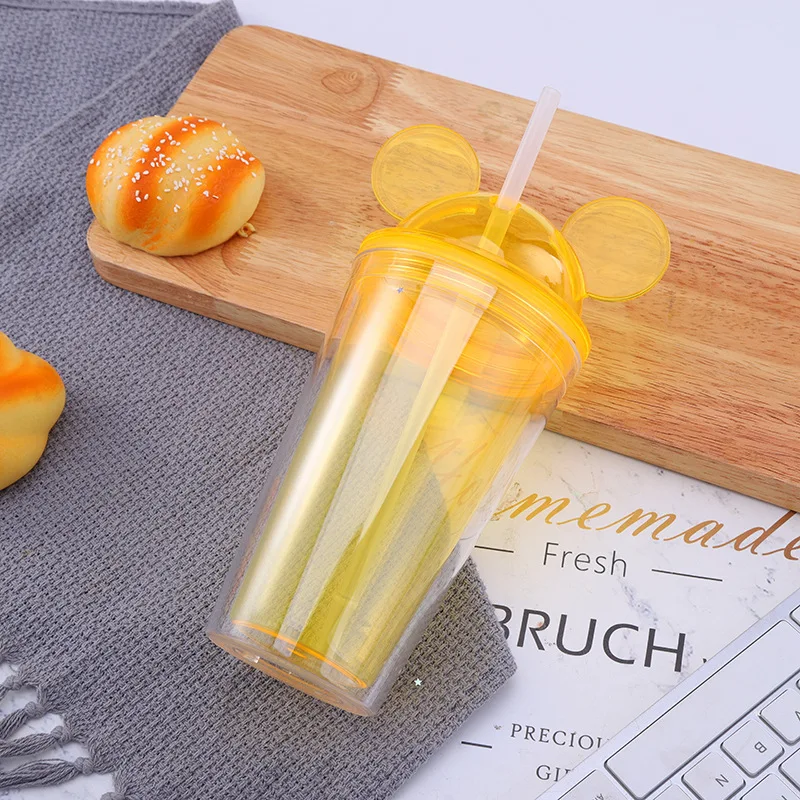 Seaygift 2021amazon hot selling double wall summer fruit juice clear straw water bottle mouse ear shape plastic tumbler cups