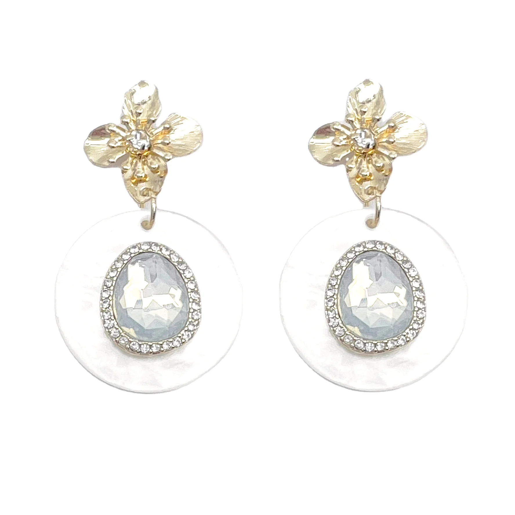 2022 fashional new style flower with glass round white Acetate plate drop earring for women