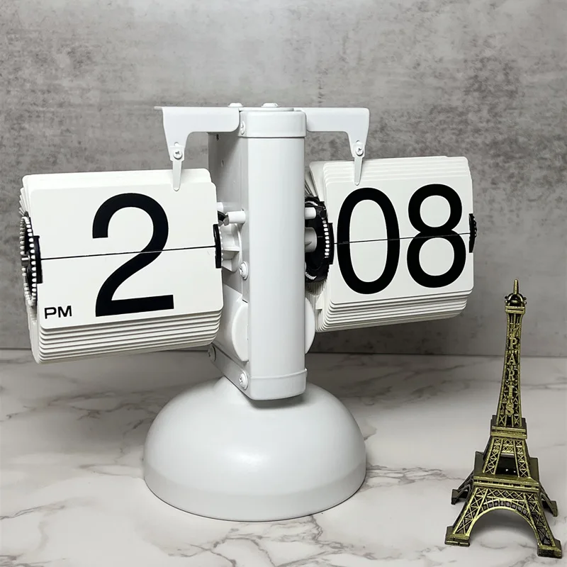 Small Scale Retro Flip over Quartz Clock Stainless Steel Internal Gear Operated Black/White Analog-Digital Table Clock