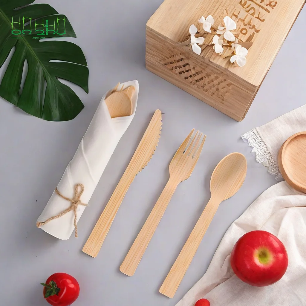 Custom Logo Disposable Bamboo Kitchenware Travel Cutlery Set - Forks Spoons Knives - Eco-Friendly,Biodegradable,Utensils,
