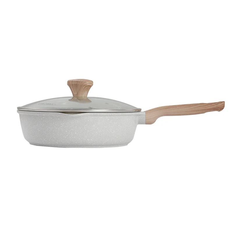 Taksat 28cm deep frypan die cast aluminum nonstick granite coating wok medical stone grill fry pan wooden silicone handle