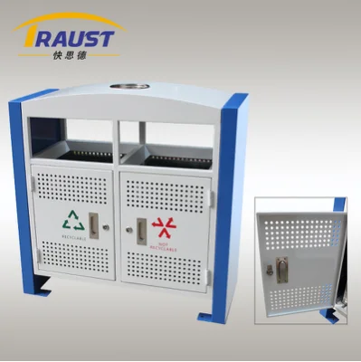 Traust 2 dual two compartment outdoor metal dustbin trash can litter bin waste receptacle container sorting recycle bin with lid