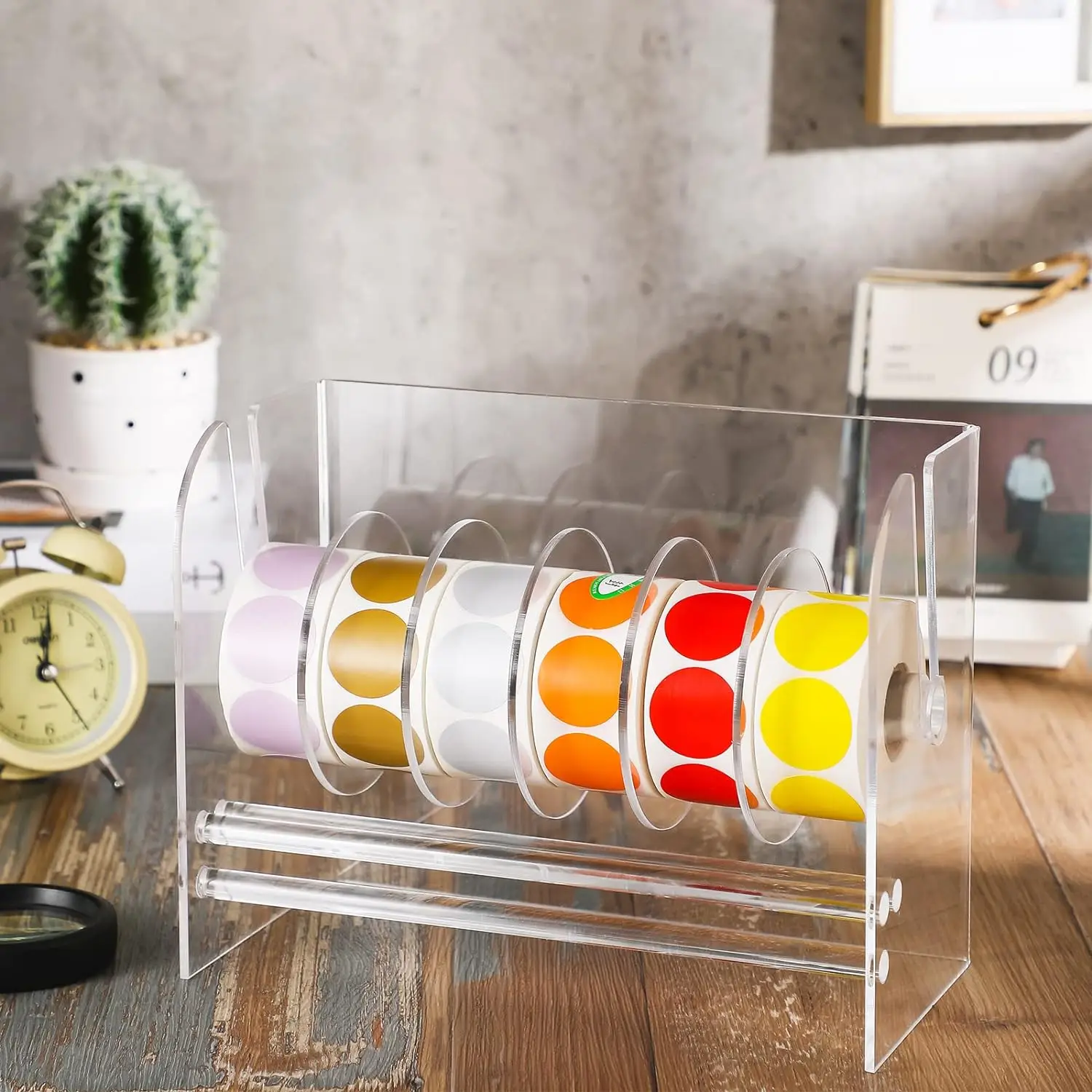 6 Disks Adjustable Label Dispenser Acrylic Tape Sticker Dispenser Clear Label Sticker Roll Holder Stand