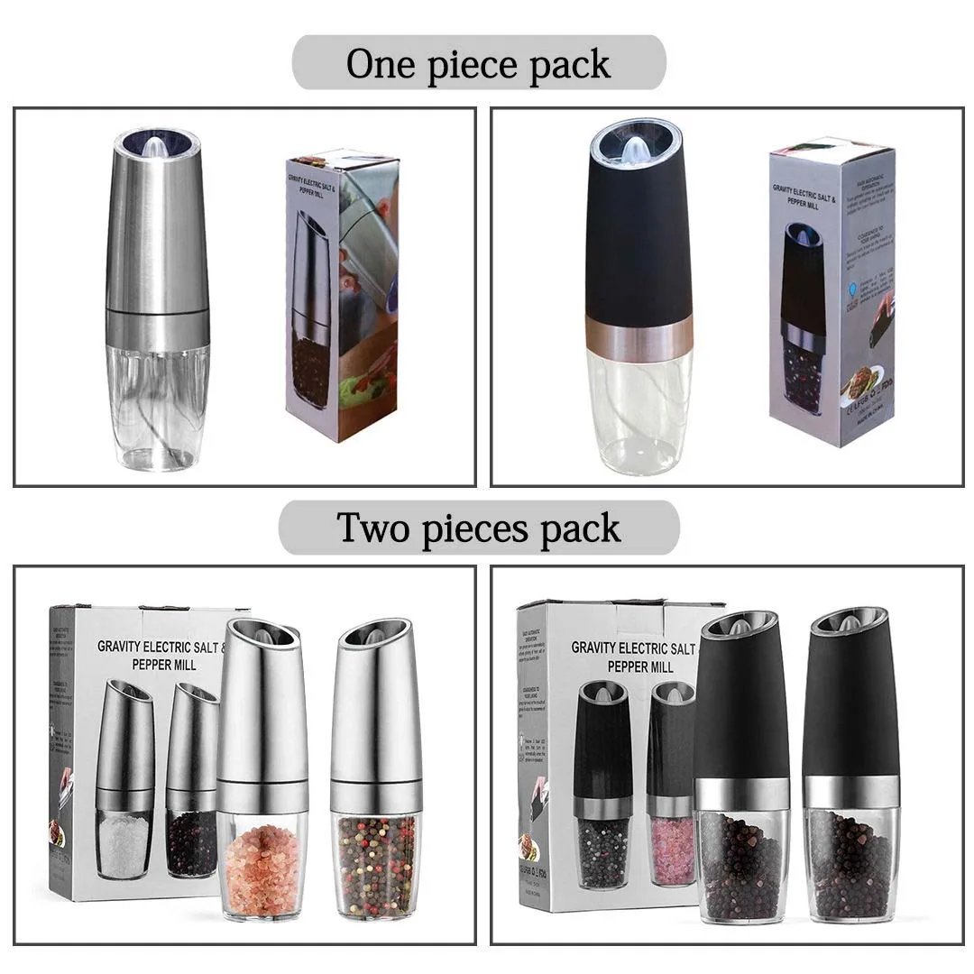 silver battery powered with LED light automatic operation stainless steel gravity electric mill pepper and salt grinder