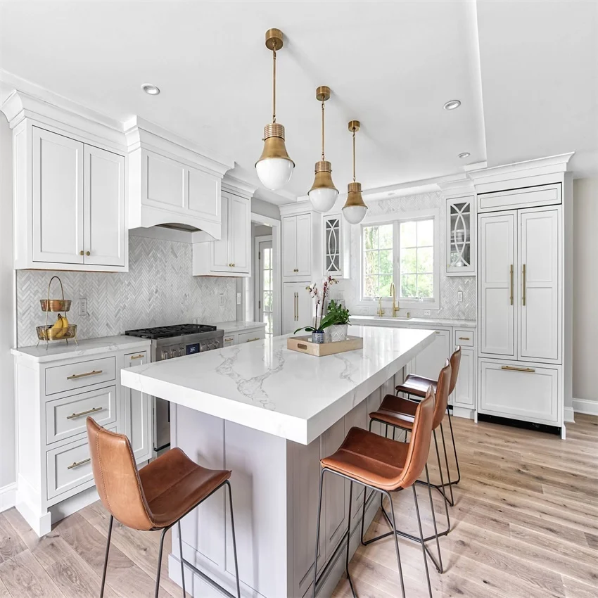 Light color series solid wood or stainless steel kitchen cabinet door with granite style countertop