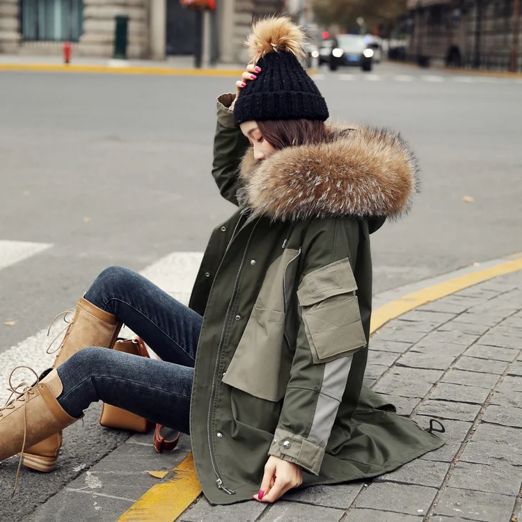 CX-G-D-21A Winter Army Green Women Overcoat Parka Coats Ladies Long Warm Down Coat with Big Real Fox Fur Collar