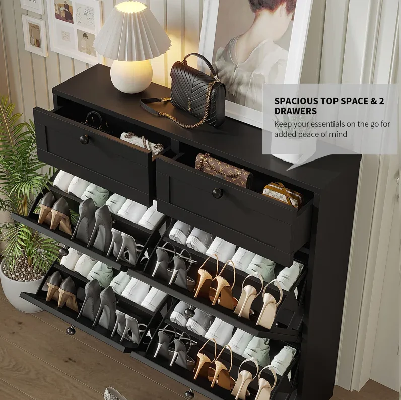 Flip-Top Design 24 Pair Shoe Storage Cabinet With Drawers Entryway Shoes Organizer Innovative Adaptable Shoe Cabinets