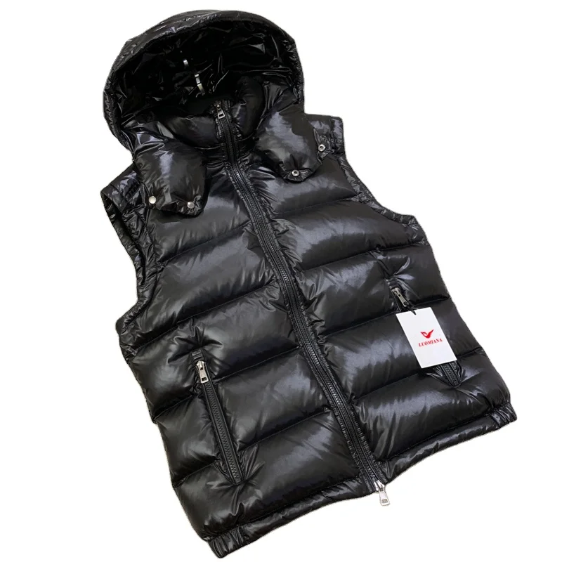2022 wholesale shiny quilted down padded winter sleeveless jackets custom hooded unisex winter waistcoats puffer down vest