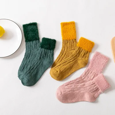 Autumn Winter Mink Cotton Plain Color Winter Fuzzy Warm Tube Women Sweet Socks