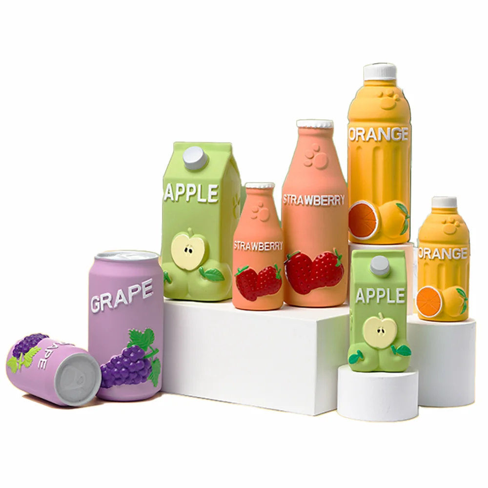 Fruit aroma dog chew cleaning teeth toy soft bite resistant juice bottle shape pet dog chew interactive funny squeak latex toy