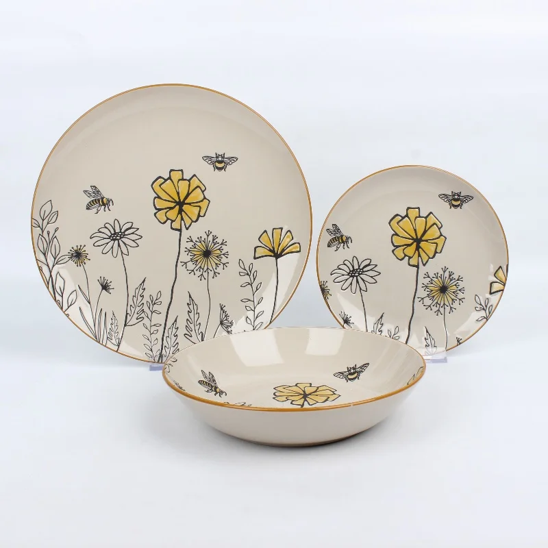 Stoneware dinnerware 18 piece dinner set flower bee pattern design fine china dinnerware