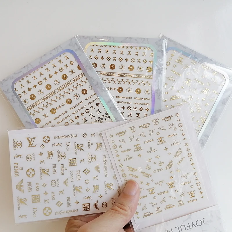977/999/1499/1510 Wholesale OEM Custom Design Water Proof Gold Luxury Brand Logo Nail Decals and Decals