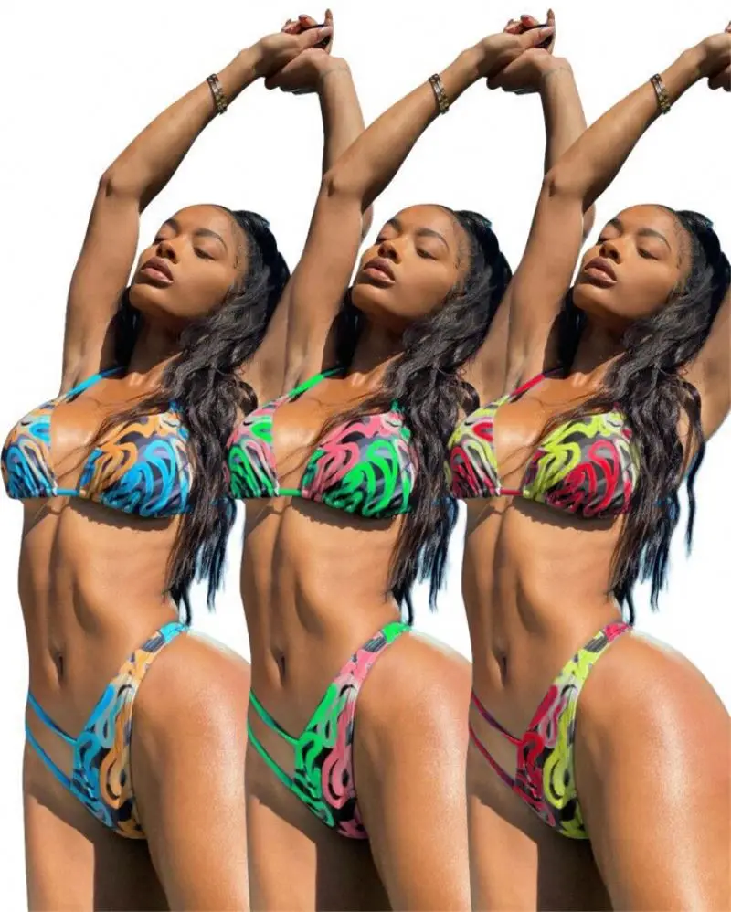 
O8026-trendy summer printed women two piece swimwear sexy micro bikini set thong bathing suits 