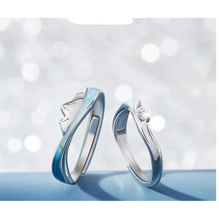 Trendy Couple Wedding Ring Sets Personality Open Adjustable Couple Ring Mountain and Sea Design Diamond Ring Wholesale