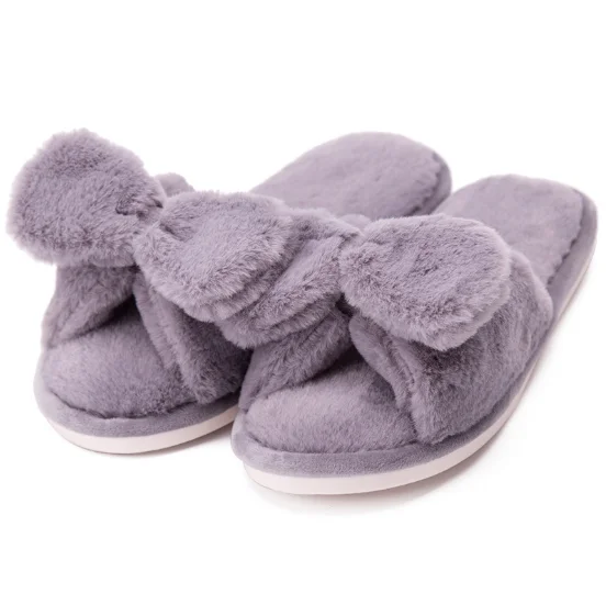 Новейший стиль домашние пушистые зимние плюшевые хлопковые Взрослые тапочки из искусственного меха кролика с бантом домашние теплые женские Тапочки